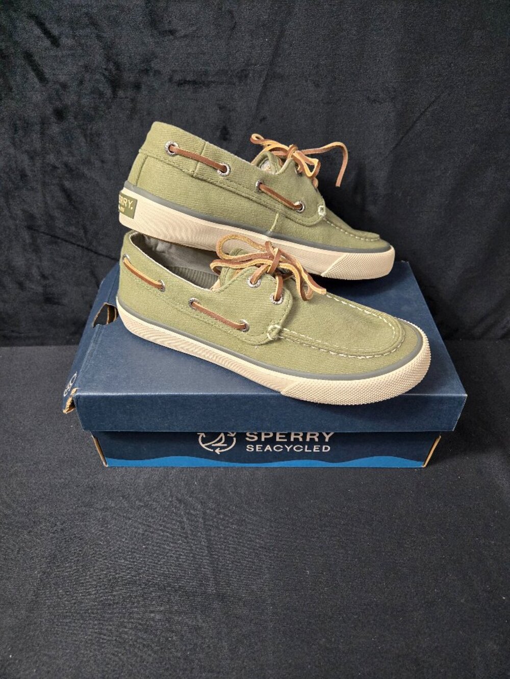 Sperry SeaCycled Bahama II Olive Twill Boat Shoes Mens 5M New With Box